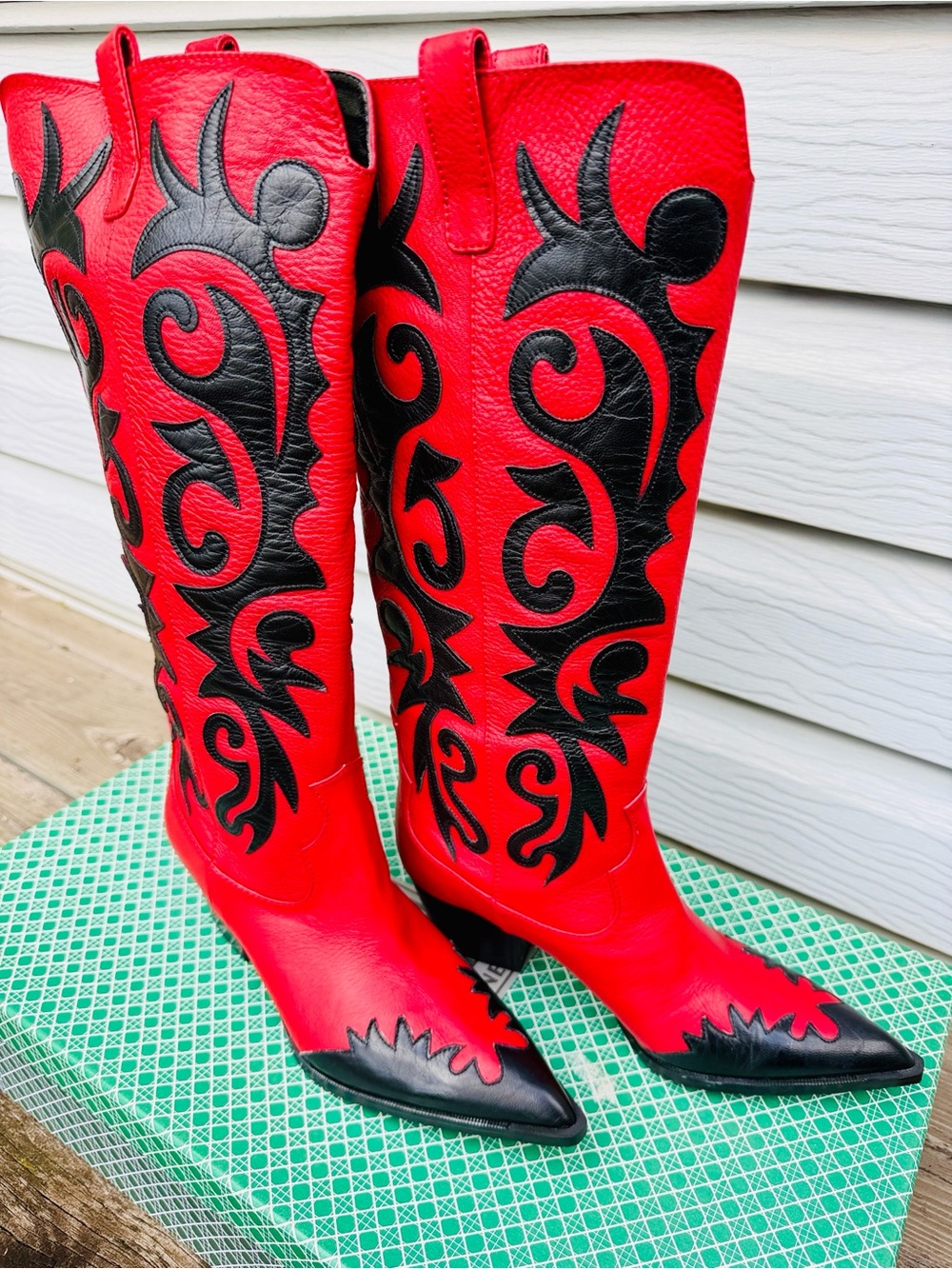 Vintage J. Renee ROGERS Red Black Leather Cowboy Boots 7.5W NIB Flame Y2K - Picture 6 of 14